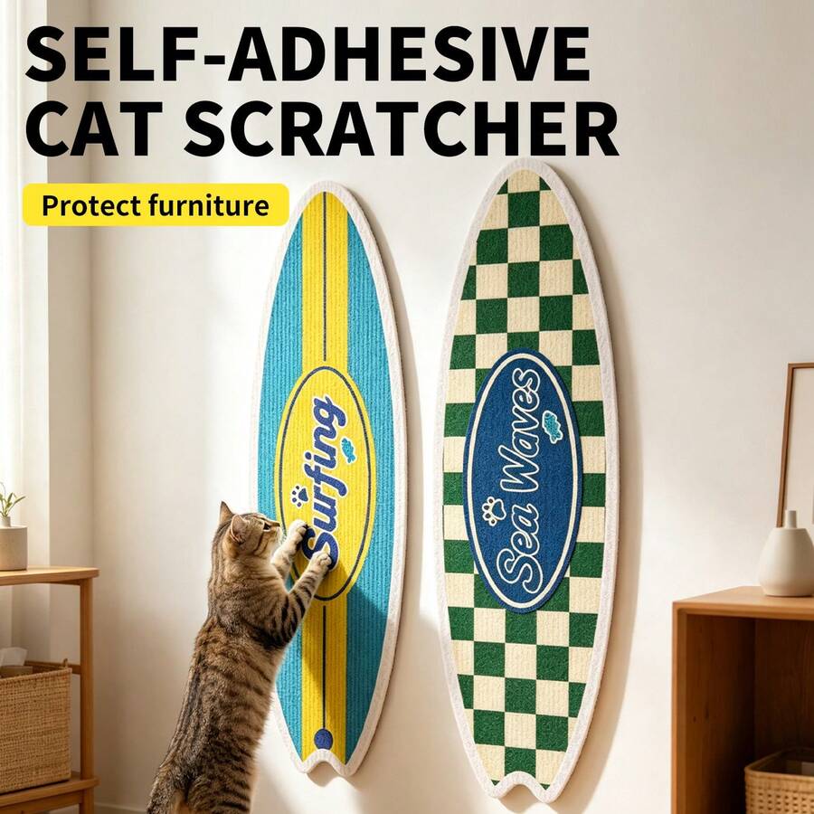 Surfboard Shaped Self-Adhesive Cat Scratching Board, Wall-Mounted Wear-Resistant Non-Shedding Cat Scratching Pad, Furniture Protection Anti-Scratch Wall Protector, Furniture Decor Cat Scratching Toy Pet Supplies - 25*80cm Blue and Yellow American Style Stripes - View 1