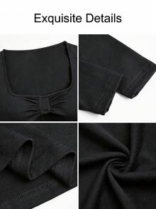 Kaos Crop Top Wanita Mewah Modern Musim Gugur/Dingin, Leher Persegi, Bagian Depan Berkerut, Cocok untuk Pakaian Sehari-hari dan Klub Malam - Hitam - View 3