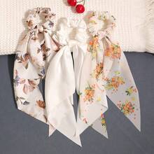 3pcs Set Satin White Solid Color Oil Painting Triangle Scarf Long Tail Hair Accessory - White - View 5