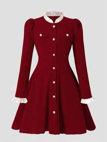 Autumn/Winter Girls' Fashion Elegant Colorblock Single-Breasted Dress, Suitable For Daily Wear And Gatherings - Burgundy - View 2