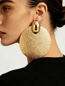 1 Pair Women's Vintage European & American Style Gold Matte Textured Large Disc Dangle Earrings, Suitable For Party, Vacation, Banquet Wear - Gold - View 3