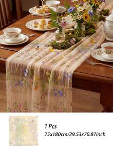 1/3pcs Champagne Floral Table Runner, 10ft Embroidered Tulle Spring Wildflower Table Runner, Room Decor, Seasonal Summer Butterfly Kitchen Dining Room Gauze Decoration For Wedding Decor, Baby Shower, Birthday Decoration - Pansy - View 16