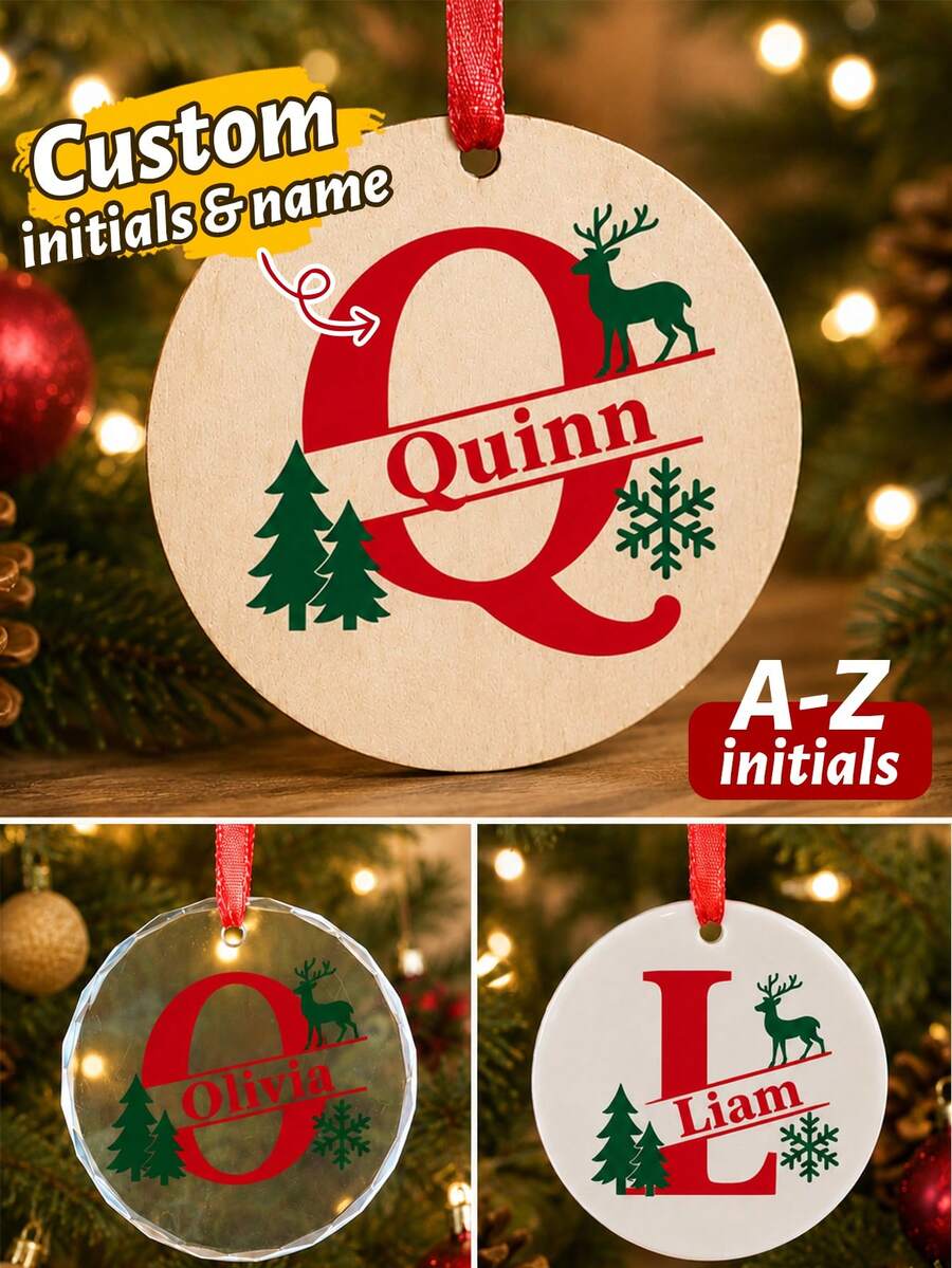 Custom Initial Name Christmas Ornament, Personalized Round Tree Hanging Decor, Festive Reindeer Snowflake Holiday Style, Customized Christmas Keepsake Gift, Customizable Family Name Ornament For Xmas Tree Decor, Christmas Decorations, Family Gifts - Style C - View 1