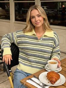 Sweater Rajut Wanita Musim Gugur Warna Kuning Abu-abu Bergaris Kerah Polo, Kancing Setengah, Bahu Jatuh Longgar, Model Crop, Atasan untuk Kembali ke Sekolah, Festival, dan Sehari-hari - Kuning - View 1