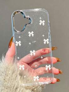 Cute White Bow With Shiny Silver Frame Transparent Background Epoxy Resin Phone Case, Compatible With IPhone 18Pro/18ProMax/17/17Air/17Pro/17ProMax/16/15/14/13/12/11/X/XS/XR/Mini/Pro Max/Pro/Plus, Korean Style TPU Soft Shell - White - View 3