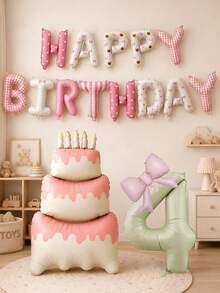 16件組生日氣球套裝，16英吋生日快樂字母氣球、60英吋立式蛋糕箔氣球、40英吋奶油色0-9數字箔氣球、粉色蝴蝶結氣球，適用於生日派對、嬰兒洗禮裝飾 - 粉色 - 查看 4