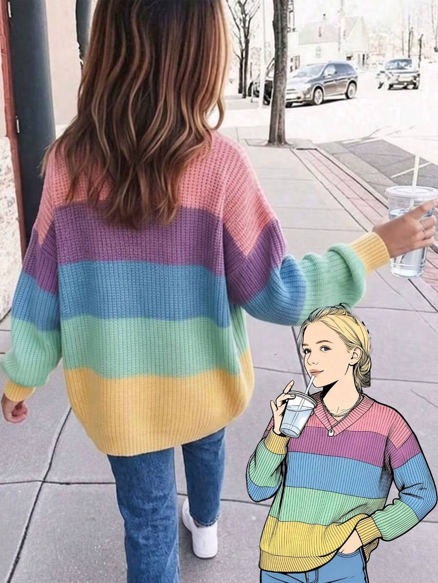 Teen Girls Macaron Rainbow Ribbed V-Neck Sweater, Loose Drop Shoulder Ribbed Knit Pullover, Autumn/Winter