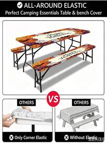 3 PiecesPicnic Tablecloth Set With Bench Cover, Elastic Edge Design, Halloween Pattern With , Washable Rectangular Tablecloth, Suitable For Weddings, Camping, Picnics, Garden Parties And More, Practical Essential - D - View 7