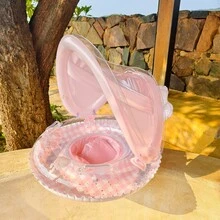 嬰兒游泳浮圈附可拆卸遮陽篷，嬰兒游泳練習器，幼兒充氣游泳浮圈，水上玩具，嬰兒游泳圈，兒童沙灘玩具，夏季必備 - 藍色 - 查看 10