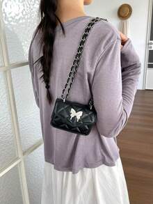 Fashionable Bow Element Shoulder Bag, Minimalist Versatile Sweet Small Square Bag With Quilted Design And Chain Crossbody Strap - Black - View 6