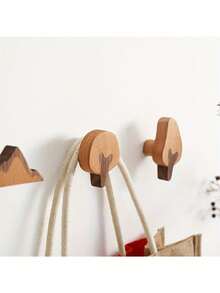 Rustic Style Natural Wood Wall Hooks - No Drilling Adhesive Installation, Handmade Beech Wood Cartoon Tree Design, Space-Saving Hooks Suitable For Coats, Hats, Towels, Keys - Bedroom & Bathroom Storage Decor, No Drilling Installation, Fun Home Accent - Multicolor - View 3