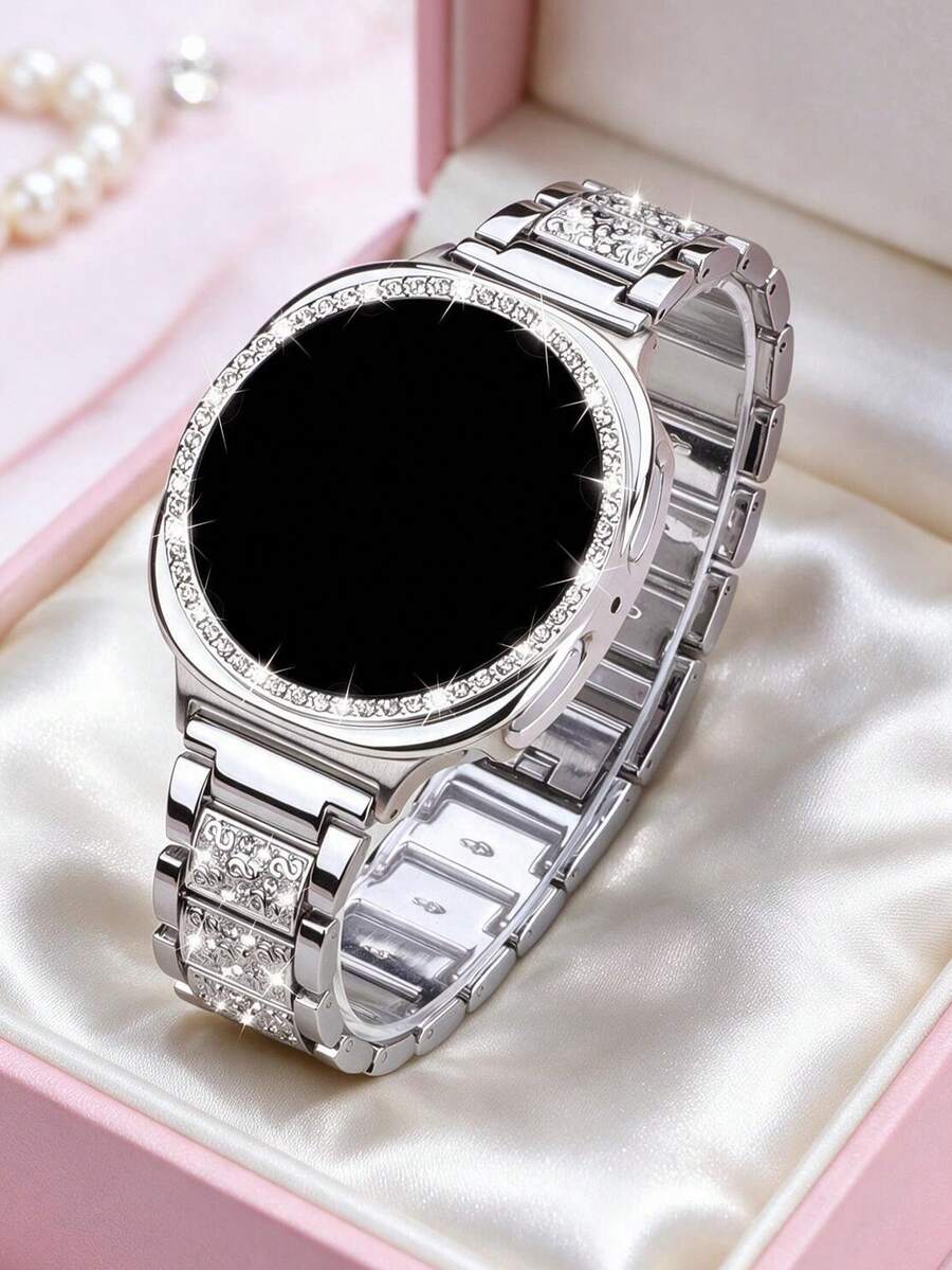 Rhinestone Watch Band + Watch Case Set, Compatible With Samsung Galaxy Watch9/8 40mm And 44mm. Elegant Fashion Shiny Metal Rhinestone Watch Band, Anti-Drop Anti-Scratch Rhinestone Watch Case, Suitable For Casual Party Business Women Smartwatch Band And Case - Sparkling Diamond Strap + Case - Silver - View 1