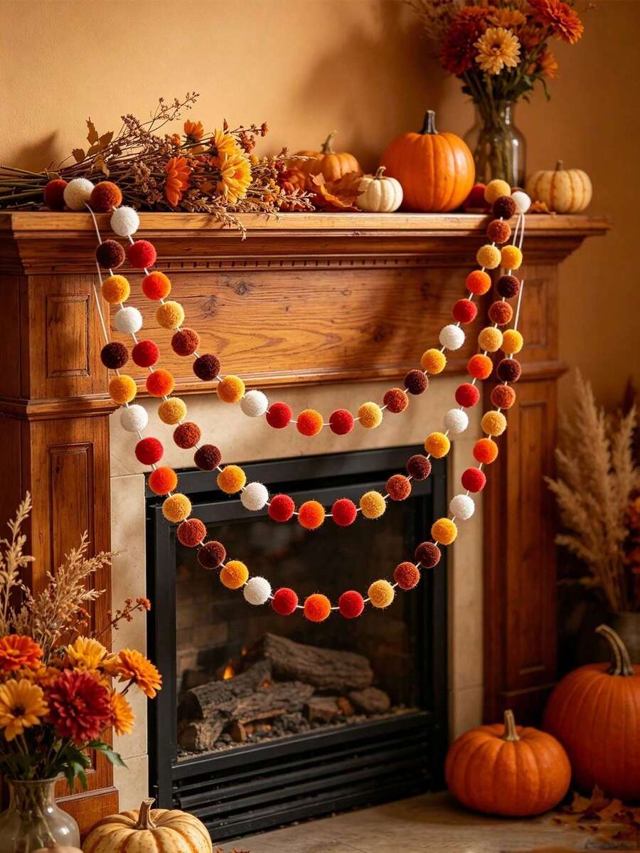 5/3/2pcs Handmade Wool Felt Rainbow Pom Pom Garland, Colorful Fluffy Pom Pom Bunting, Orange Yellow Autumn Atmosphere Pom Pom Wreath, Vintage Farm Style Autumn Harvest Decoration, Thanksgiving Theme Party Backdrop, Fireplace Entryway Window Wall Hanging Soft Decor, Indoor Holiday Atmosphere Photo Prop Home Decoration