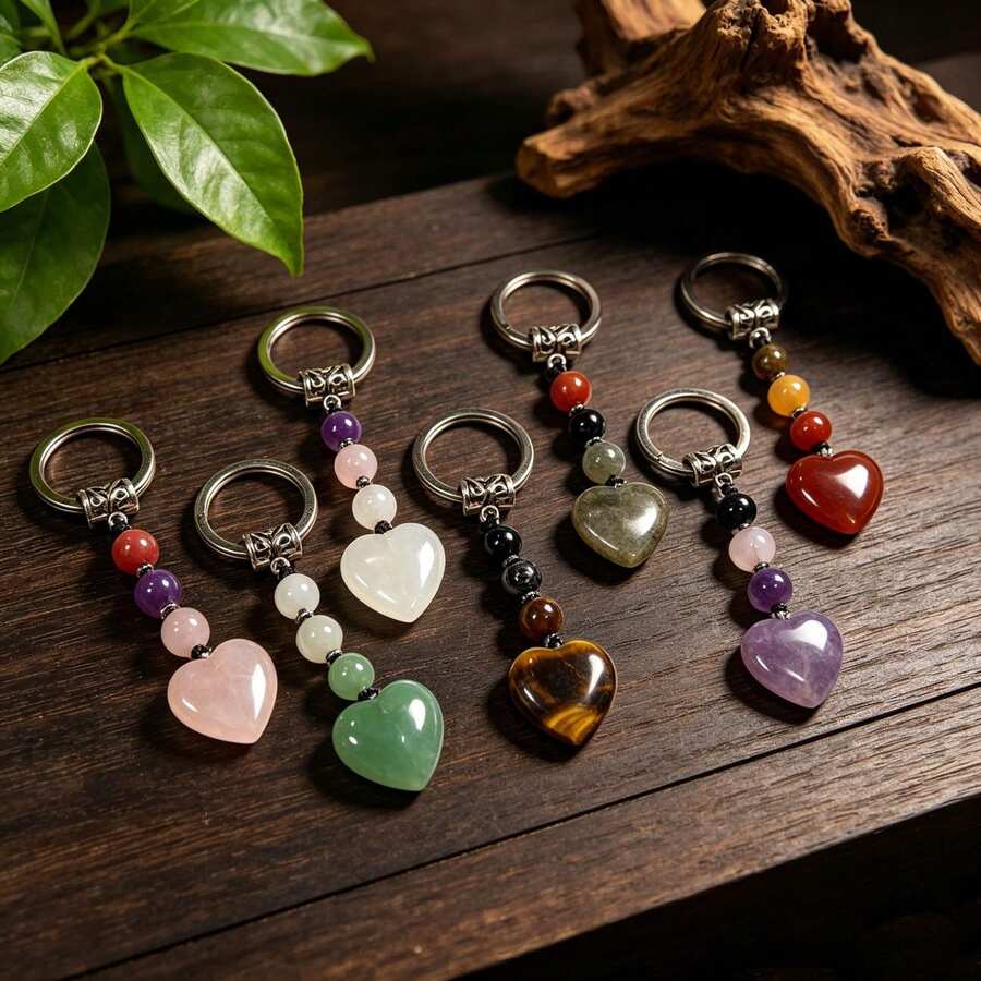 2pcs Handmade Natural Heart-Shaped Jade Stone Keychains, Chinese Vintage Beaded Key Rings, Bohemian Crystal Bag Charms, Lucky Healing Stone Jewelry, Gift For Girls And Women. Each Natural Crystal May Have Slight Color Variation - View 1