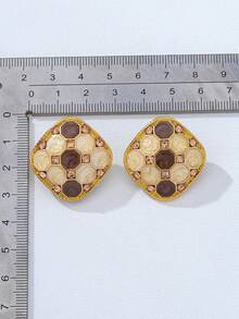 Pendientes de botón cuadrados de esmalte vintage, pendientes de lujo con textura de panal de abeja de bloques de color con incrustaciones de strass, versátiles para uso diario y fiestas - Dorado - Ver 3