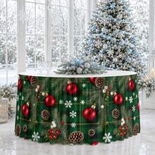 1pc Christmas Table Skirt/Tablecloth With Branches, Red Balls, Pinecones, Snowflakes, Holiday Atmosphere, Cozy Winter Christmas Party - A - View 4