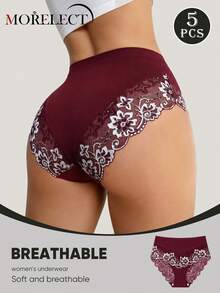 Morelect 5pcs Women's High Waist Lace Patchwork Triangle Panties, Breathable & Lightweight, Suitable For Spring/Summer Wear - Multicolor - View 3