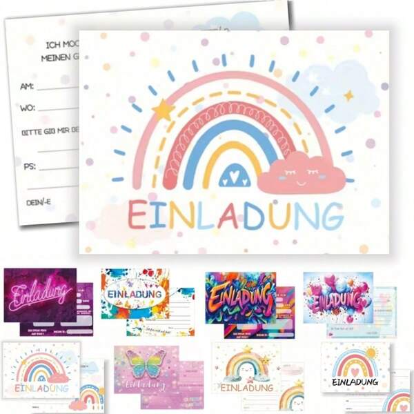 20pcs German Birthday Invitation Cards, Macaron Childlike Watercolor Rainbow Cloud Star Pattern, Hand-Writable German Birthday Invitation, Birthday Party Supplies, Boys Girls Holiday Party Decoration Invitations