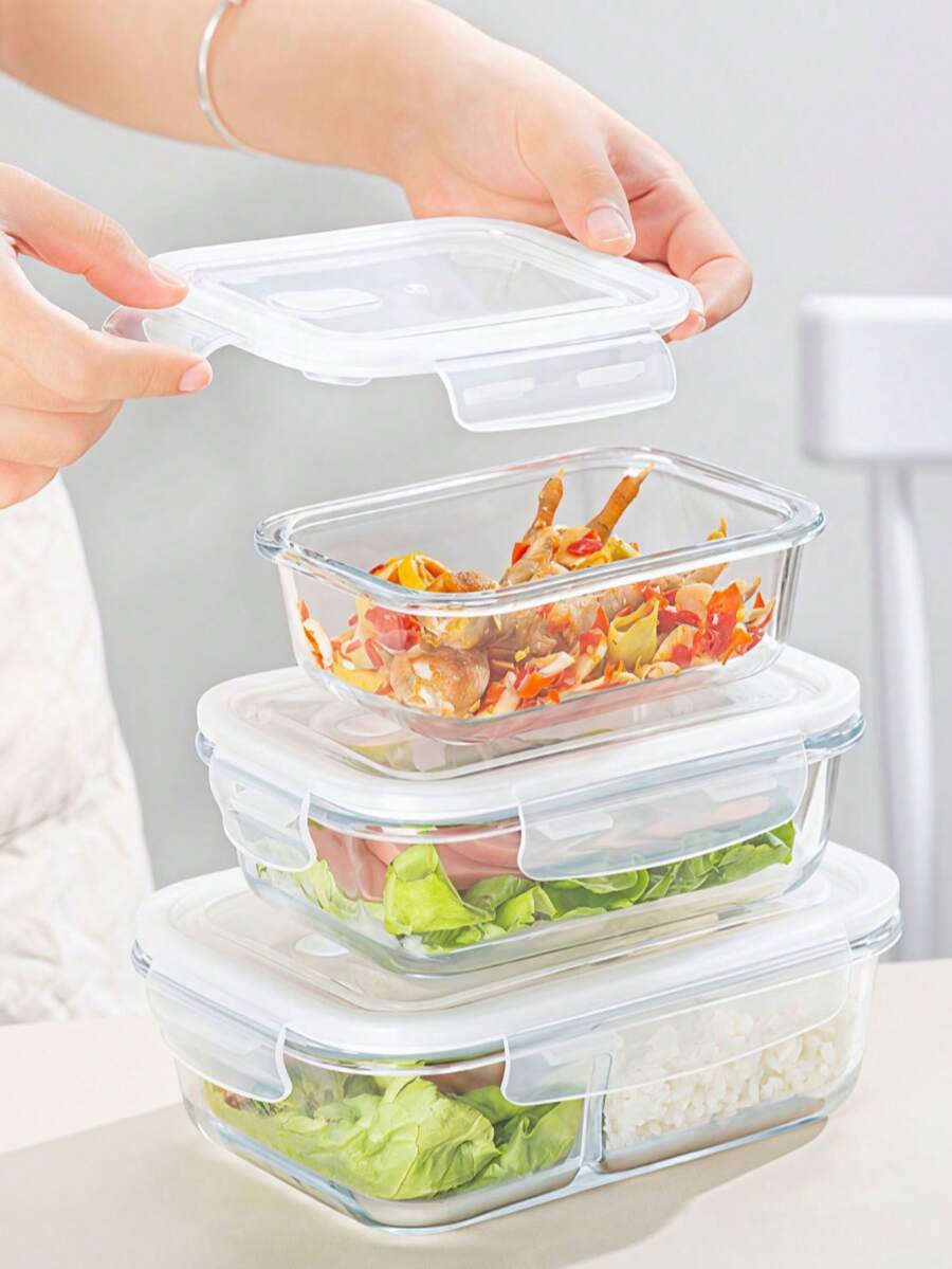 Heat‑Resistible Glass Lunch Box With Lid, Odor‑Resistant Leak‑Proof Quick‑Lock Lid Meal Container, Multi‑Capacity Clear Glass Food Keeper, Oven & Freezer Kitchen Food Storage Organizer