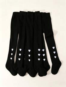 4 Pairs Of Black Heart-Patterned, Skin-Friendly, Warm, Thickened Thigh-High Tights For Baby Girls-Perfect For Everyday School Wear, Fall/Winter Style - Multicolor - View 5