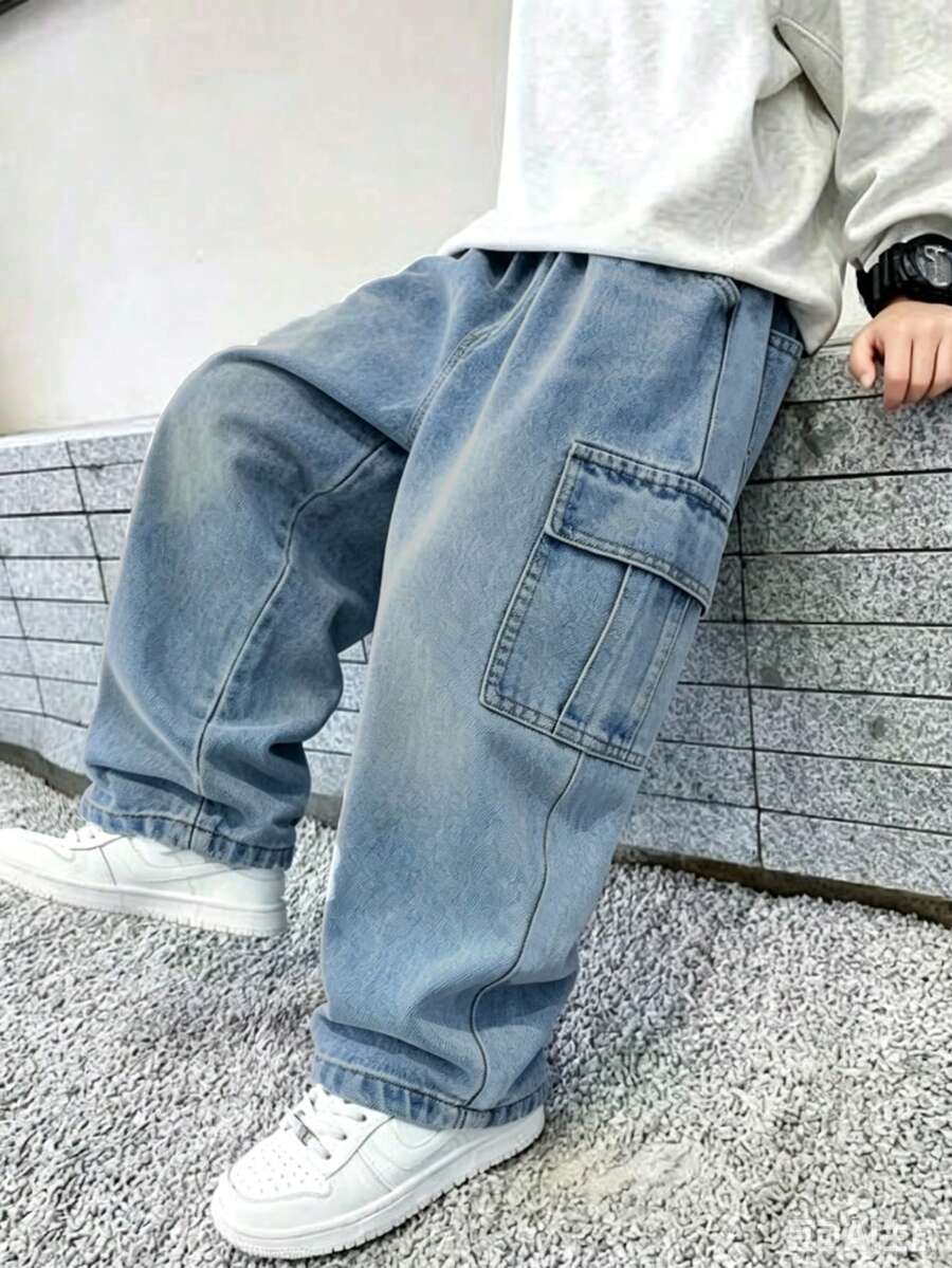 男童時尚牛仔褲，休閒工裝風 - 藍色 - 查看 1