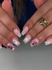 30pcs Of Press On Nails Short Coffin-Shaped Fake Nails,Halloween Nails,Cute Nude Ghost Pumpkin Skull Fake Nails,Gothic Style,Removable Fake Nails Set,Festival Fake Nails - Multicolor - View 2