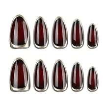24pcs Medium-Long 3D Burgundy Gold Trim French Style Autumn/Winter Minimalist Gilded Almond Nails + 1pc Jelly Glue + 1pc Nail File - Multicolor - View 6