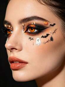 1/2pcs Halloween Theme Face Decoration Stickers, Pumpkin Ghost Bat Castle Pattern, Party Makeup Accessories, Waterproof Face Stickers, Holiday Ball Atmosphere Makeup Decoration Stickers - Multicolor - View 3