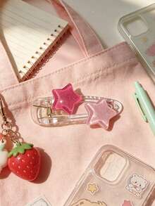 Minimalist Star Hair Clip For Women, Cute Contrast Color Five-Pointed Star Bangs Clip, Side Hair Alligator Hair Clip Hair Accessory - Pink - View 6