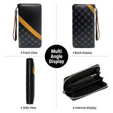 HOVI'S Men's Vintage Letter Pattern PU Leather Long Zipper Wallet, Colorblock Striped Design With Wrist Strap, 8 Card Slots Inner Zipper Pocket Clutch - Black - View 4