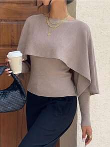 Women's Ribbed Knit Batwing Sleeve Sweater, Elegant Autumn Pullover, Mid-Stretch Long Sleeve Regular Fit Top - Dusty Purple - View 2