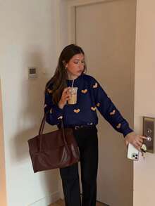 女款白色圓領愛心圖案長袖針織毛衣，寬鬆休閒套頭上衣，適合秋冬，舒適日常街頭穿搭 - 藏蓝色 - 查看 7