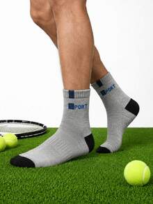 5 Pairs Men's Colorblock SPORT Logo Mid-Calf Athletic Socks, Ribbed Non-Slip Cuff, Soft Breathable Moisture-Wicking, Suitable For Running And Fitness - Multicolor - View 5