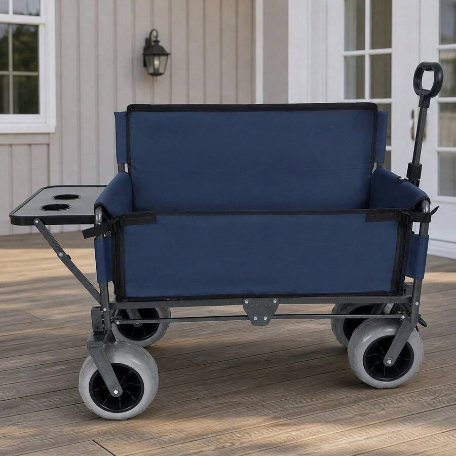 Littleox Folding Wagon With Bench Seat And Rear Tabletop Heavy Duty Beach Cart 500lbs Capacity All Terrain Collapsible Utility Wagon For Camping Gear - Dark Blue + Steel - View 1