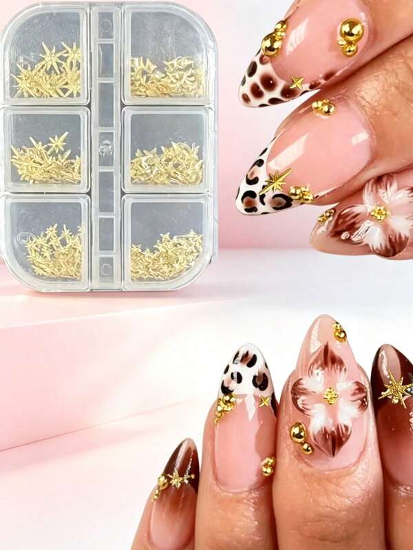 Juego de 6 piezas de decoración de arte de uñas con cuentas de caviar de metal 3D mixtas (estrellas & remaches de metal), encantos de uñas de estilo punk Y2K con strass, adecuado para arte de uñas DIY & manualidades hechas a mano
