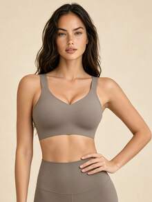 Lilivine Plus Size Wireless Seamless Racerback Bra, Adjustable Straps, Lightweight, Suitable For Everyday Wear & Sports - Khaki - View 6