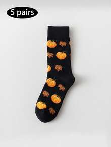 5 Pairs Women's Autumn Mid-Calf Socks, Cute Cartoon Squirrel Pumpkin Acorn Maple Leaf Pattern, Thanksgiving Casual Everyday Socks - Multicolor - View 11