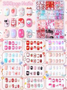 288片兒童美甲貼片 Naio Kids 假指甲，預黏膠式美甲貼，全覆蓋短款壓克力美甲套組，適合女孩美甲裝飾 - 彩色 - 查看 1
