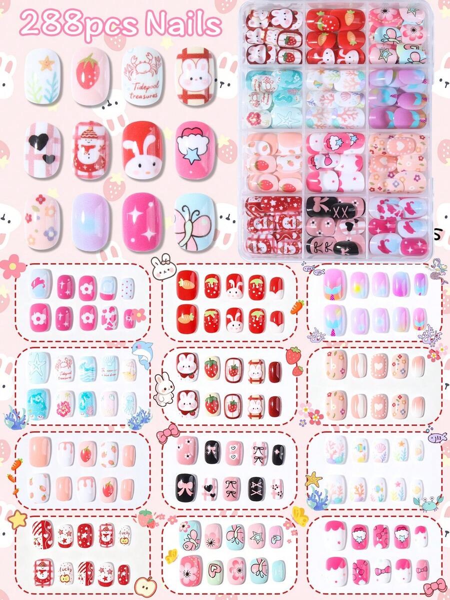 288片兒童美甲貼片 Naio Kids 假指甲，預黏膠式美甲貼，全覆蓋短款壓克力美甲套組，適合女孩美甲裝飾 - 彩色 - 查看 1