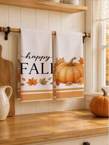 2PCS Kitchen Towels HAPPY FALL Autumn Pumpkin Print 40*60cm Minimalist Style Rectangular Microfiber Kitchen Towels, Dish Cloths, Tablecloths, Hand Towels, Bathroom Kitchen Decor, Home Decor, Housewarming Gift For Neighbors, Perfect For Kitchen And Bathroom Use, Suitable For Housewives And Family Gatherings, High Cost-Performance, Essential Home Item - Orange - View 5