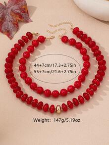OABE 2pcs/Set Bohemian Style Elegant Red Round And Oval Beaded Layered Necklace, Suitable For Women's Daily Wear - Redwood - View 5