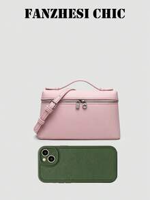 Lychee Textured Box Bag Handbag Zipper Closure Minimalist Style Handheld Crossbody Dual-Use Square Body Can Hold Phone Lipstick Keys Suitable For Commuting Work Dating Shopping Daily Outings - Baby Pink - View 3