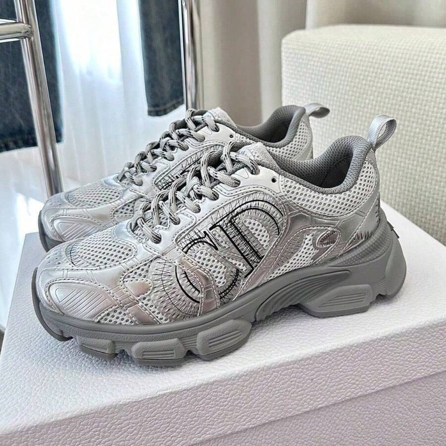 CD‑New Sneakers, Women's Casual Mesh Shoes, Versatile Lace-Up "Dad" Shoes, Breathable Thick-Sole Design For Extra Height - 銀色 - 查看 1