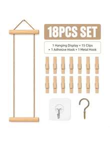 18pcs Wall Hanging Photo Display Set/Natural Wood Photo Wall Hanging Rope/Wooden Hemp Rope Decorative Photo Clips/Hanging Photo Clips Frame/Includes 1 Hanging Display Rack + 15 Photo Clips + 1 Adhesive Hook + 1 Metal Hook - Multiple Styles - View 9