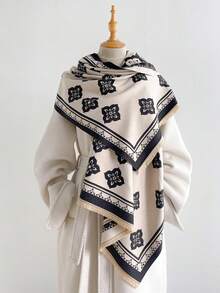 1pc Double-Sided Vintage Frame Geometric Faux Cashmere Shawl Scarf With Tassels, Old Money Style, Autumn/Winter Commute Neck Warmer, Daily Outing Matching - Brown - View 4