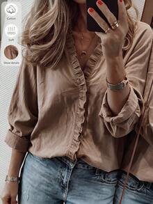 Blus Wanita Elegan dengan Ruffle dan Leher V, Atasan Lengan Panjang Warna Polos Potongan Slim Fit, Lembut dan Bernapas, Serbaguna, Kasual, Cocok untuk Musim Semi dan Musim Gugur - Coklat - View 3