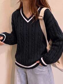 1件青少年女孩休闲户外运动个性街头风V领套头毛衣，保暖加厚，春/秋/冬 - 黑色 - 查看 3