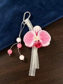 1Pc Elegant Floral Keychain, Artificial Orchid Beaded Lace Tassel Bag Charm, Delicate Metal Clasp Ornament Ideal Gift - Multicolor - View 6