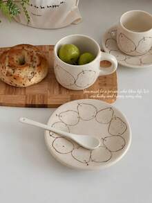 Set Cangkir dan Piring Kopi Keramik Motif Buah Pir Lukis Tangan, Mug Unik untuk Teh Sore di Rumah, Dilengkapi Sendok, Cangkir Susu dan Air, Cangkir Estetik - Putih - View 2