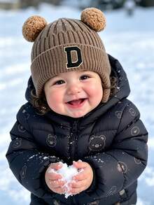 1pc Infant Ribbed Knitted Earflap Beanie With A-Z Letter , Cute Double Pom Pom Bear Ear Decor Winter Warm Toddler Hat Suitable For 1-3 Years Old - Khaki - View 2
